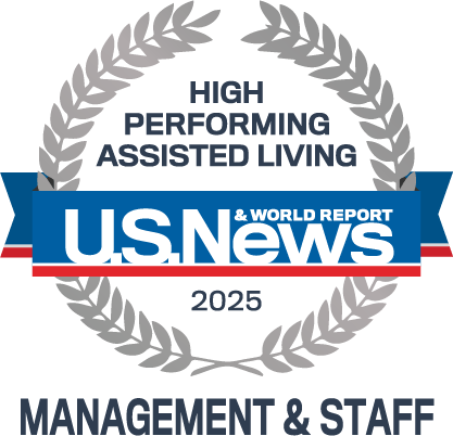 U.S. News 2025 High Performing Assisted Living award badge celebrating the community's management & staff.