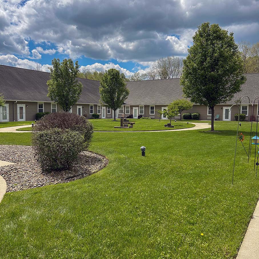 The landscaped grounds at Hudson Grande Senior Living.